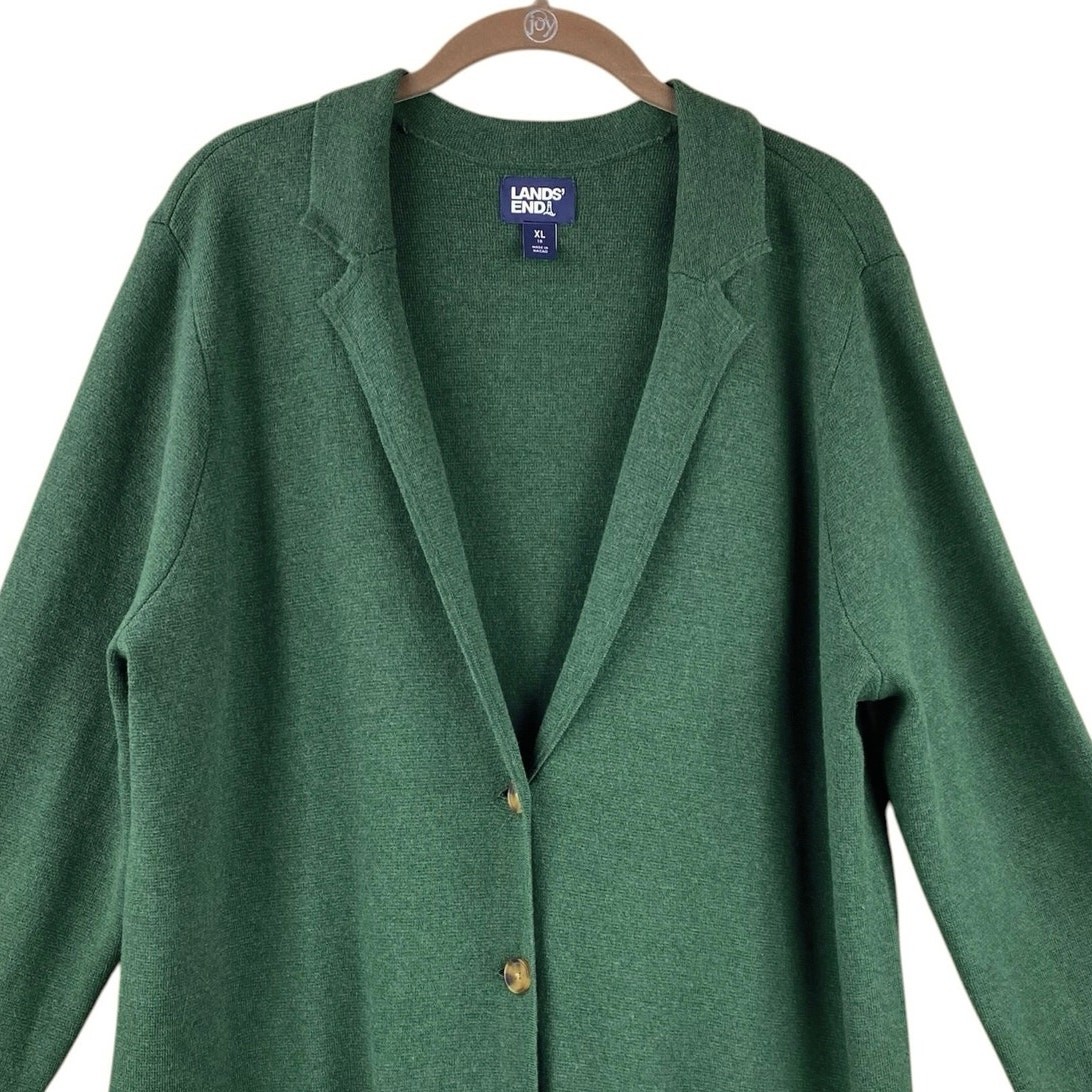 Lands’ End Sweater Knit Blazer Cardigan Size XL Dark Green 100% Cotton