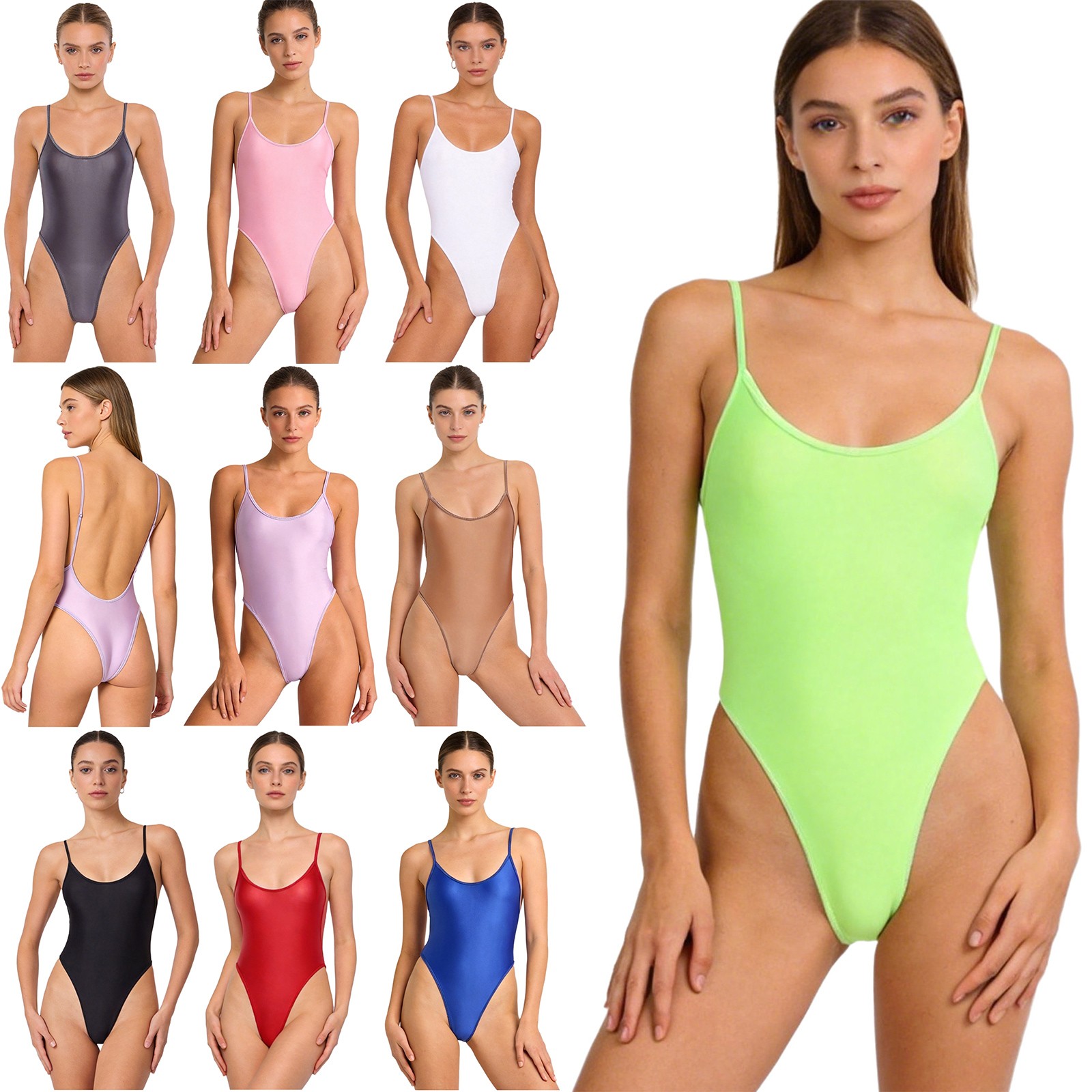Womens Glossy One Piece Bodysuit Swimsuit High Cut Thong Sports Leotard Swimwear