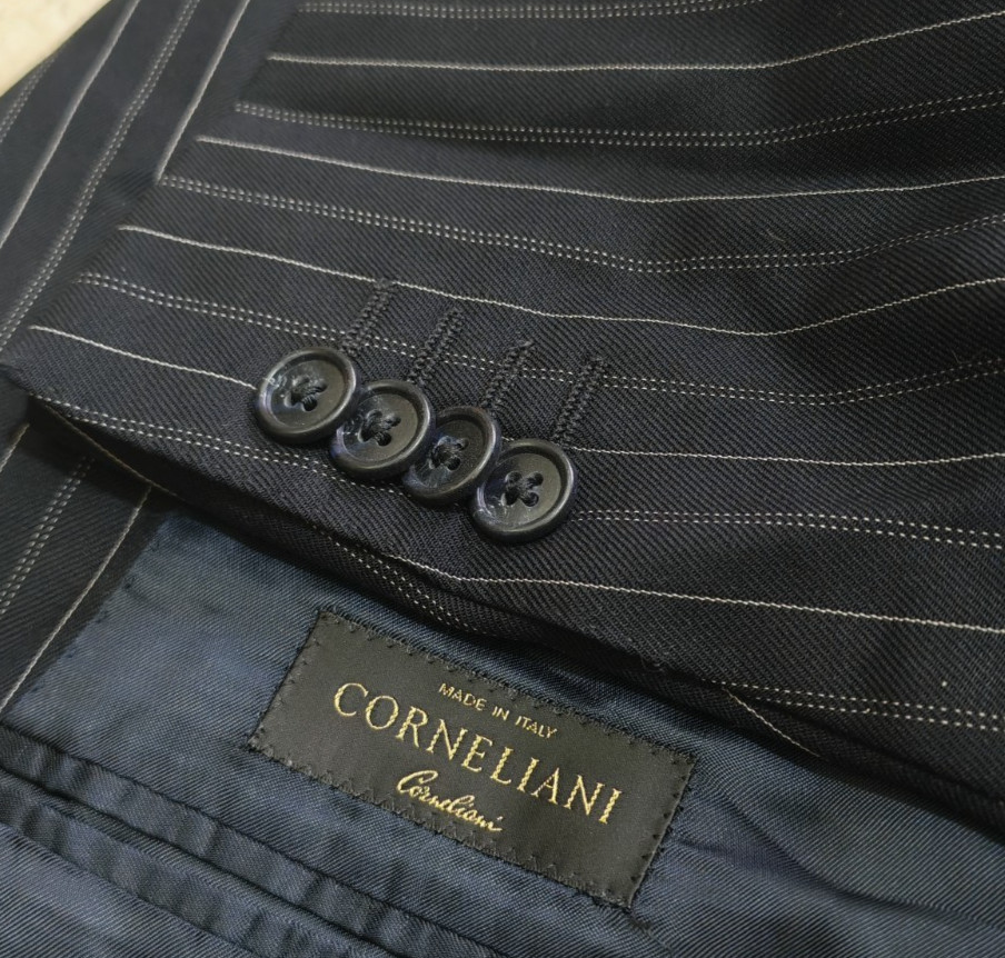 Vintage Corneliani wool cashmere chalk stripes classic navy suit 40R