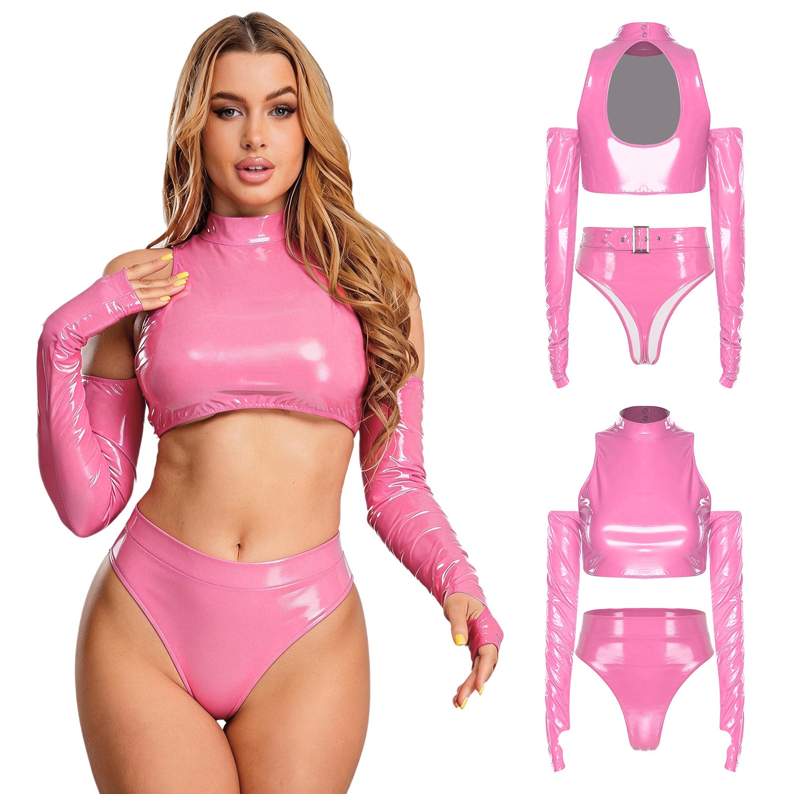 US Women Crop Top and Panty Set Patent Leather Wet Look Shiny Wet Look Clubwear