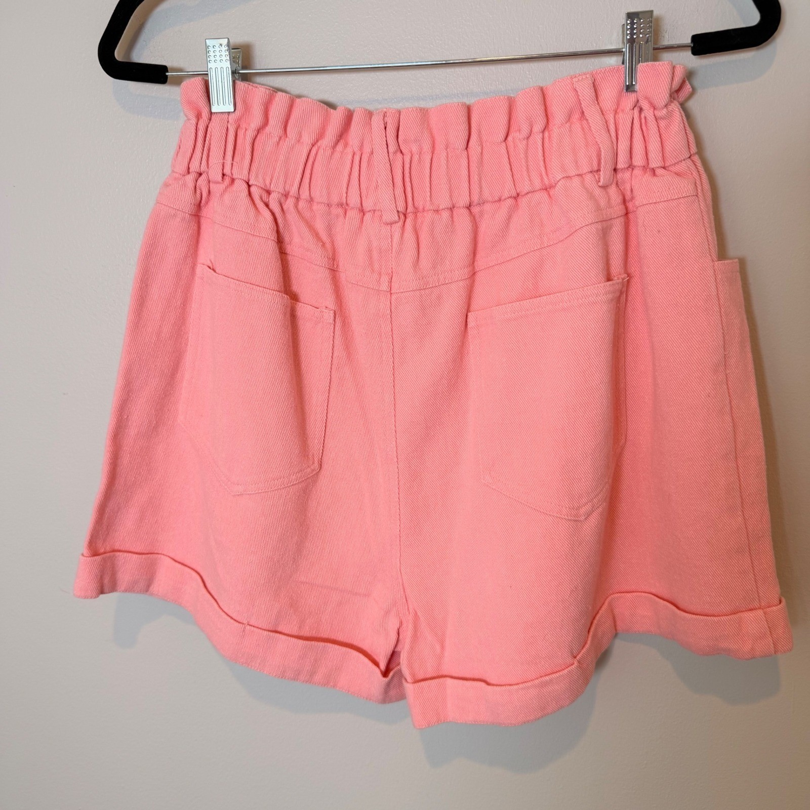 Pastel Pink Cotton Denim Paperbag Shorts (M) Summer Beachy Girly Casual Elastic