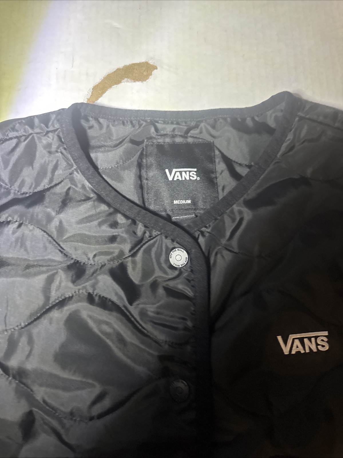 VANS Women’s Quilted Jacket Black Button Up Skater Logo Size Medium