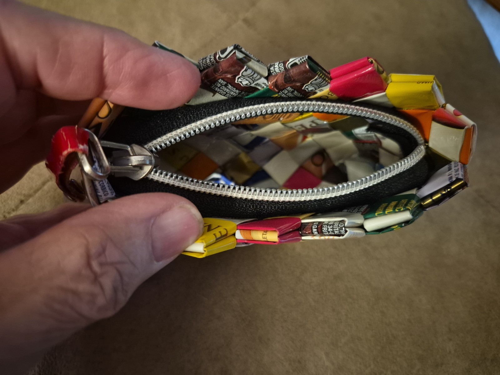 CANDY WRAPPER STYLE RECYCLED WOVEN TOP ZIP COIN/CARD HANDMADE 5X3 COIN PURSE
