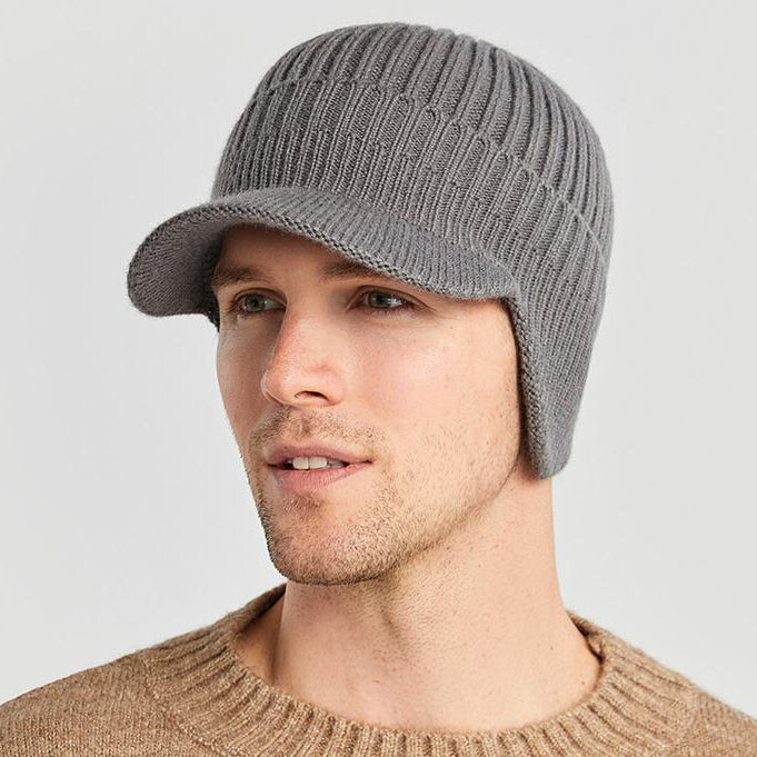 Men Women Knit Hat Winter Warm Stretch Beanie Ear Flaps Cap Outdoor Brim Ski Hat