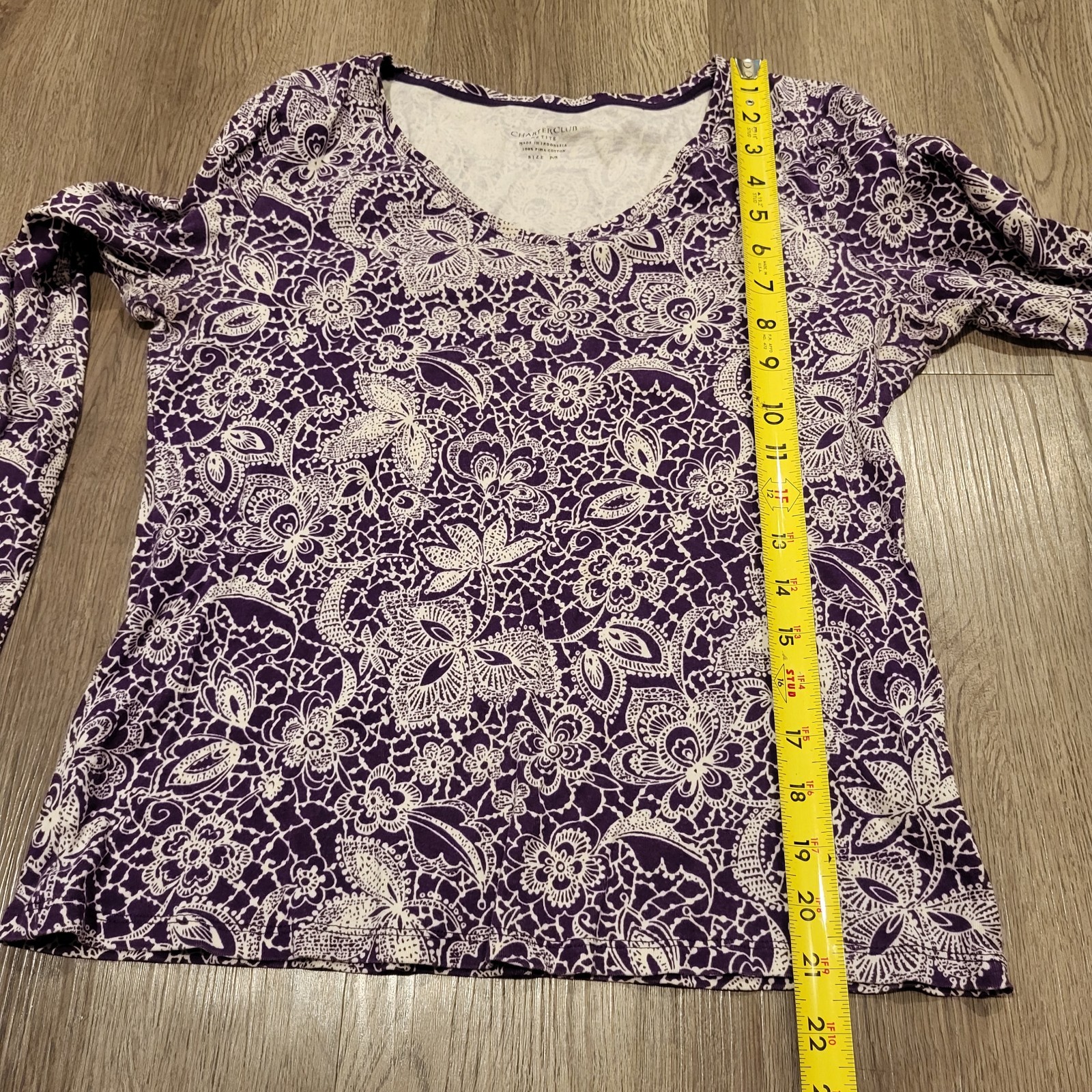 Charter Club 100% Pima Cotton Long Sleeve Purple/White Design Top Sz Petite/S