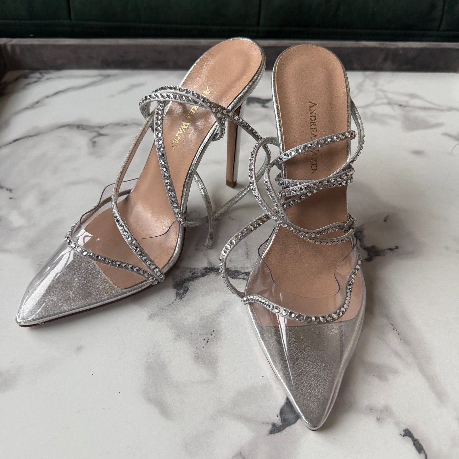 Andrea Wazen Dassy Sunset Crystal Metallic Strappy Pumps NEW Size 39