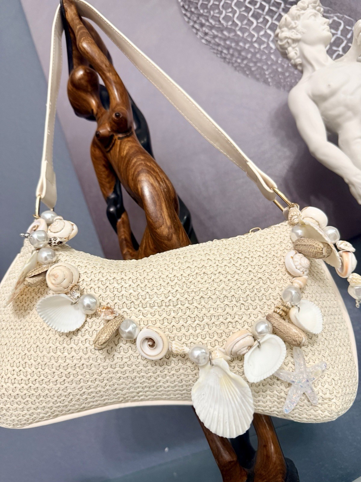 Woven Straw Inspired Crescent Shoulder Bag with Shell Pearl Starfish Accents