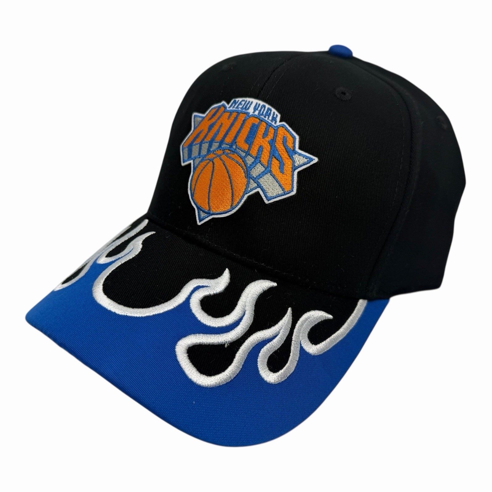 NEW YORK KNICKS BLUE BLACK FLAME RACING HAT NY TRENDY RETRO 6 PANEL PRE CURVED