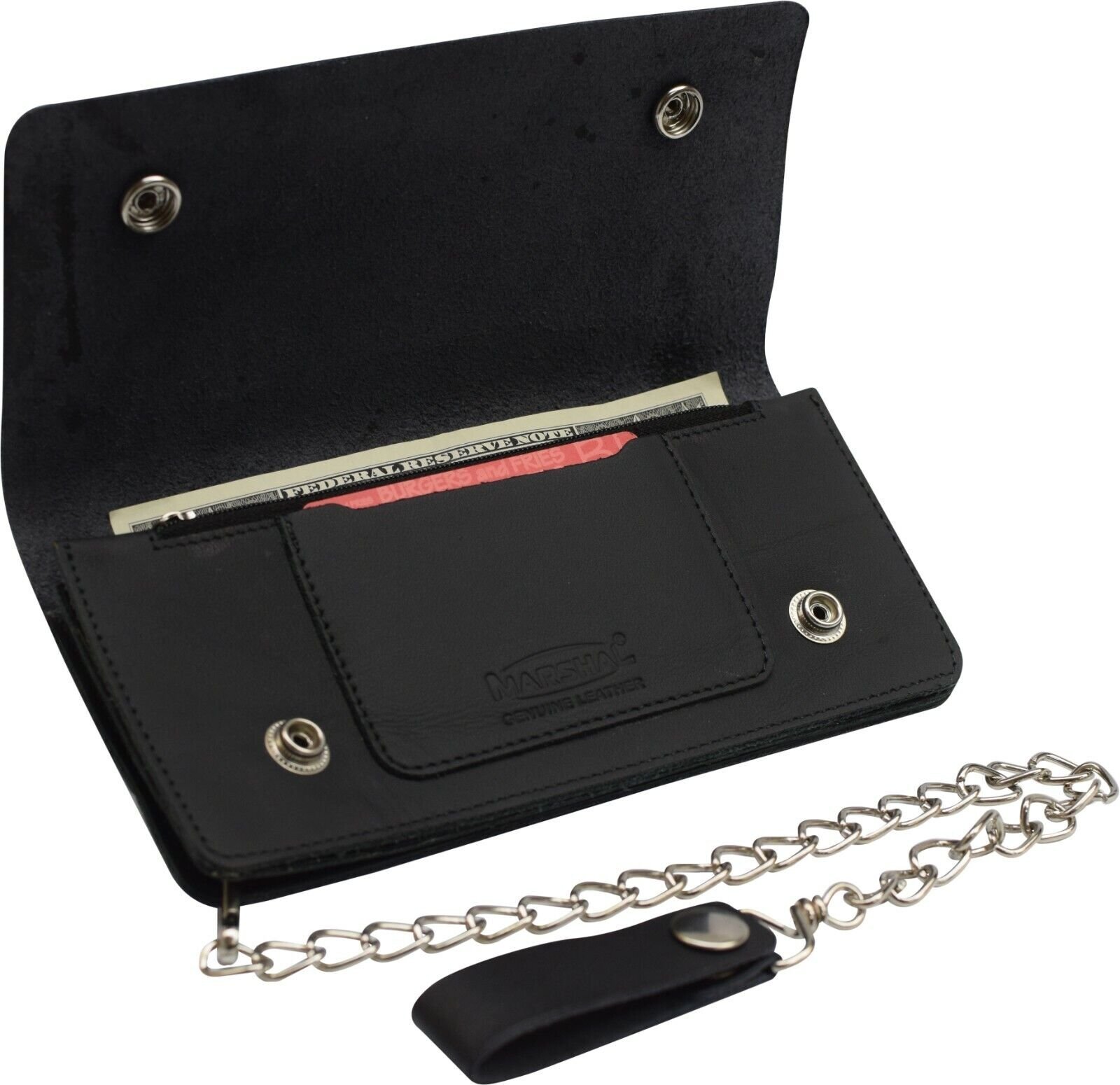 Leather Men Motorcycle Trucker Biker Chain Wallet With Inside Zipper, Black