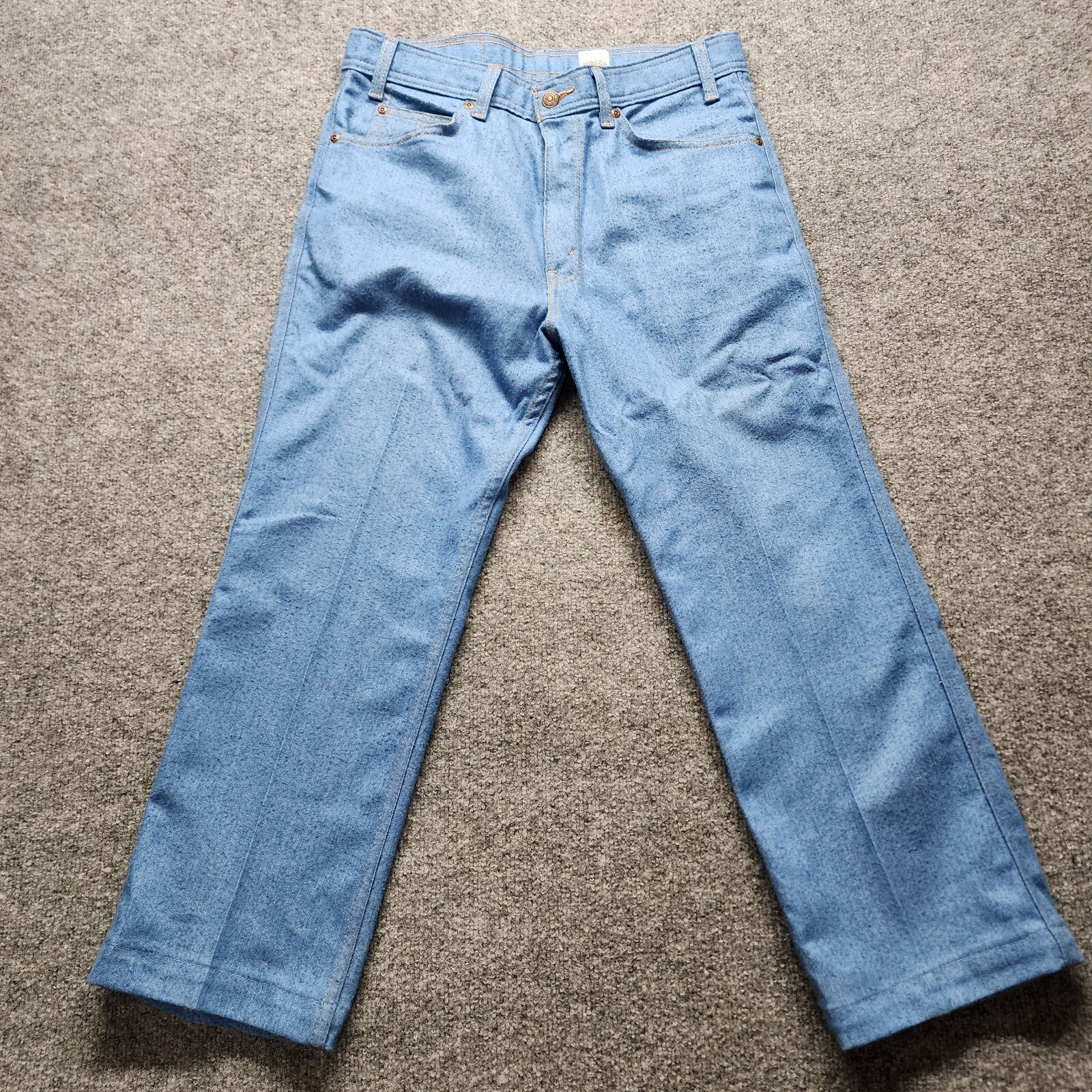 Vintage 70s Levis Light Wash Mens Boot Cut Denim Jeans Brown Leather Tab 34X29