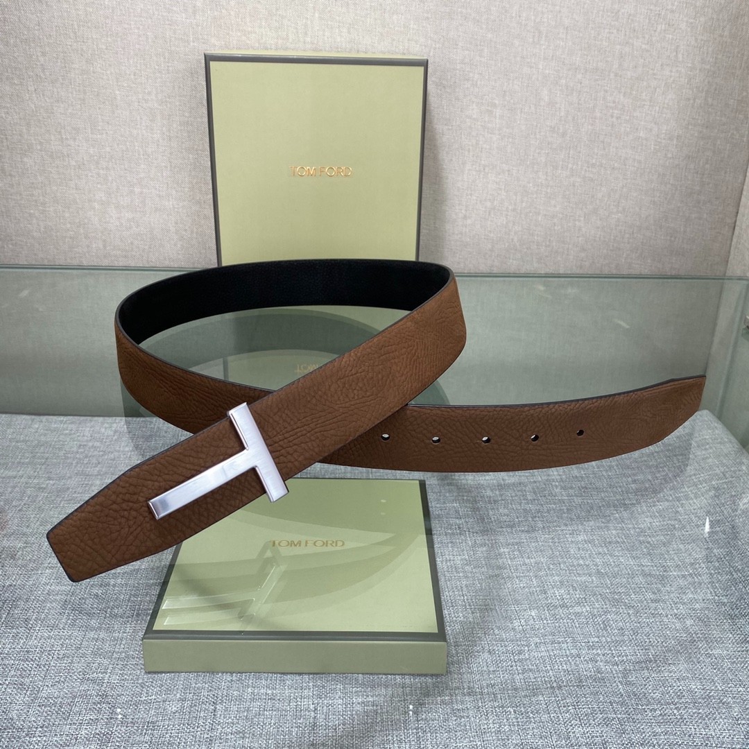 Tom Ford Mens Simple T Logo Brown/Black Leather Dress Belt S.S. Buckle