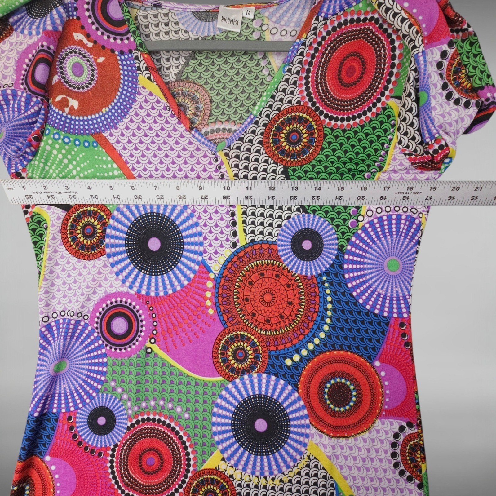 Psychedelic Retro Geometric Shift Mini Dress Long Sleeve Artsy Boho Womens M