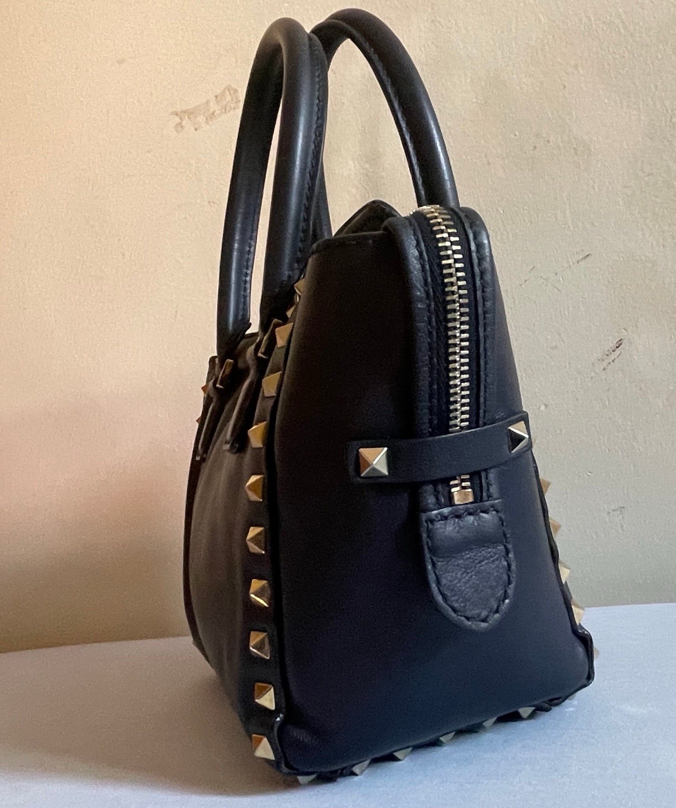 Valentino Garavani Rockstud Small Navy Blue Leather Top Handle Shoulder Bag