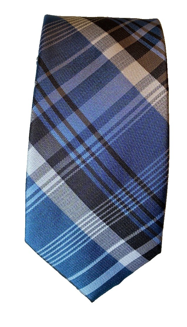 Calvin Klein Men’s Silk Tie Blue Plaid Pointed 63” Long 3.25” Wide NWOT