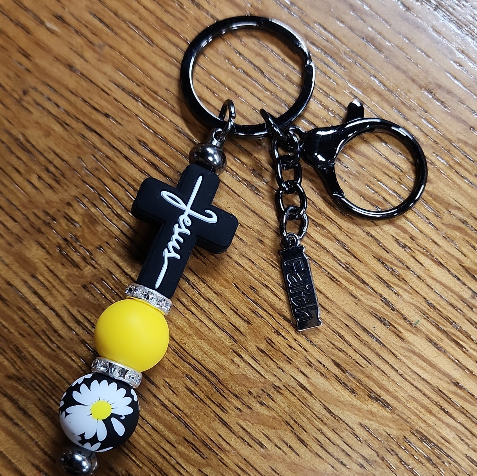 Faith Cross Beaded Floral Key Chain Key Ring, Detachable, Black Yellow White