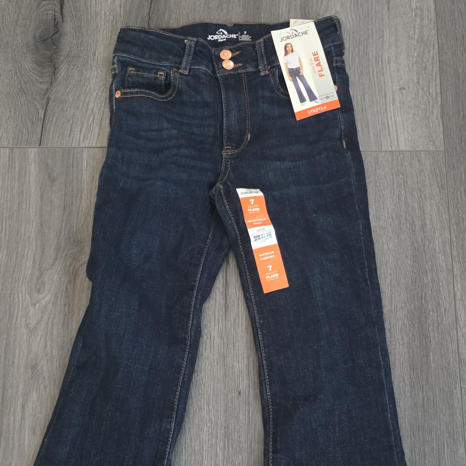 Jordache Girls Jeans Size 7 Flared Dark Wash Blue Denim Stretch Pockets
