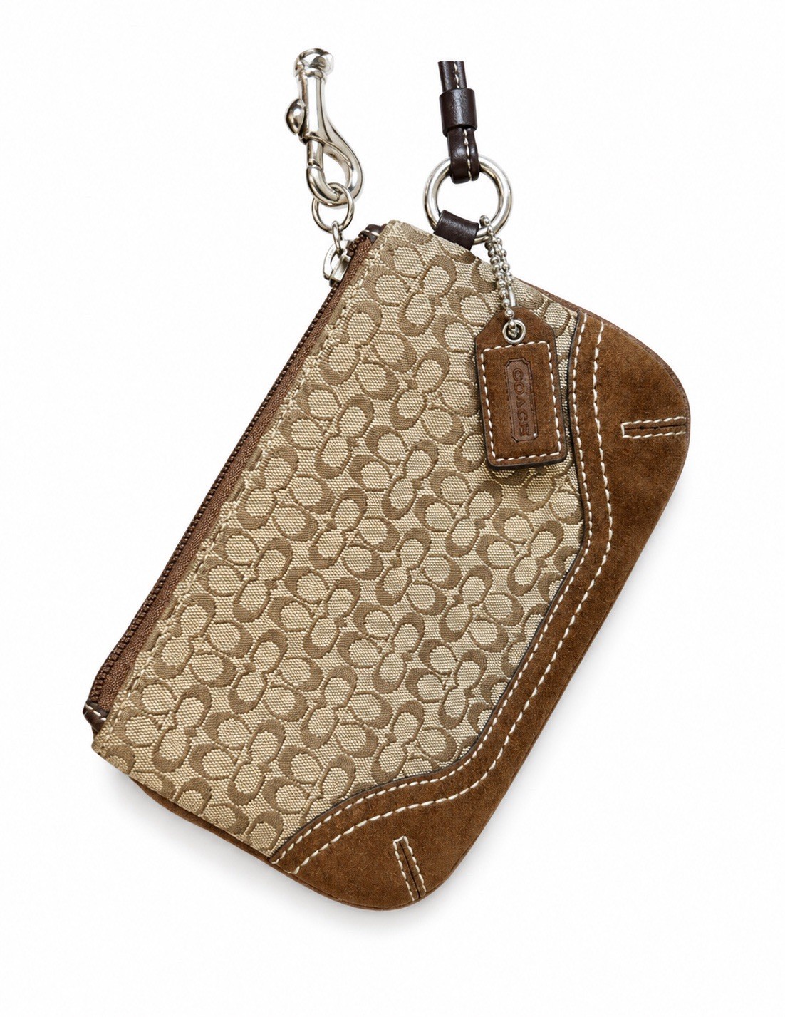 Coach Signature Logo Zip Wristlet Pouch Beige/Brown Inner Pockets Silver