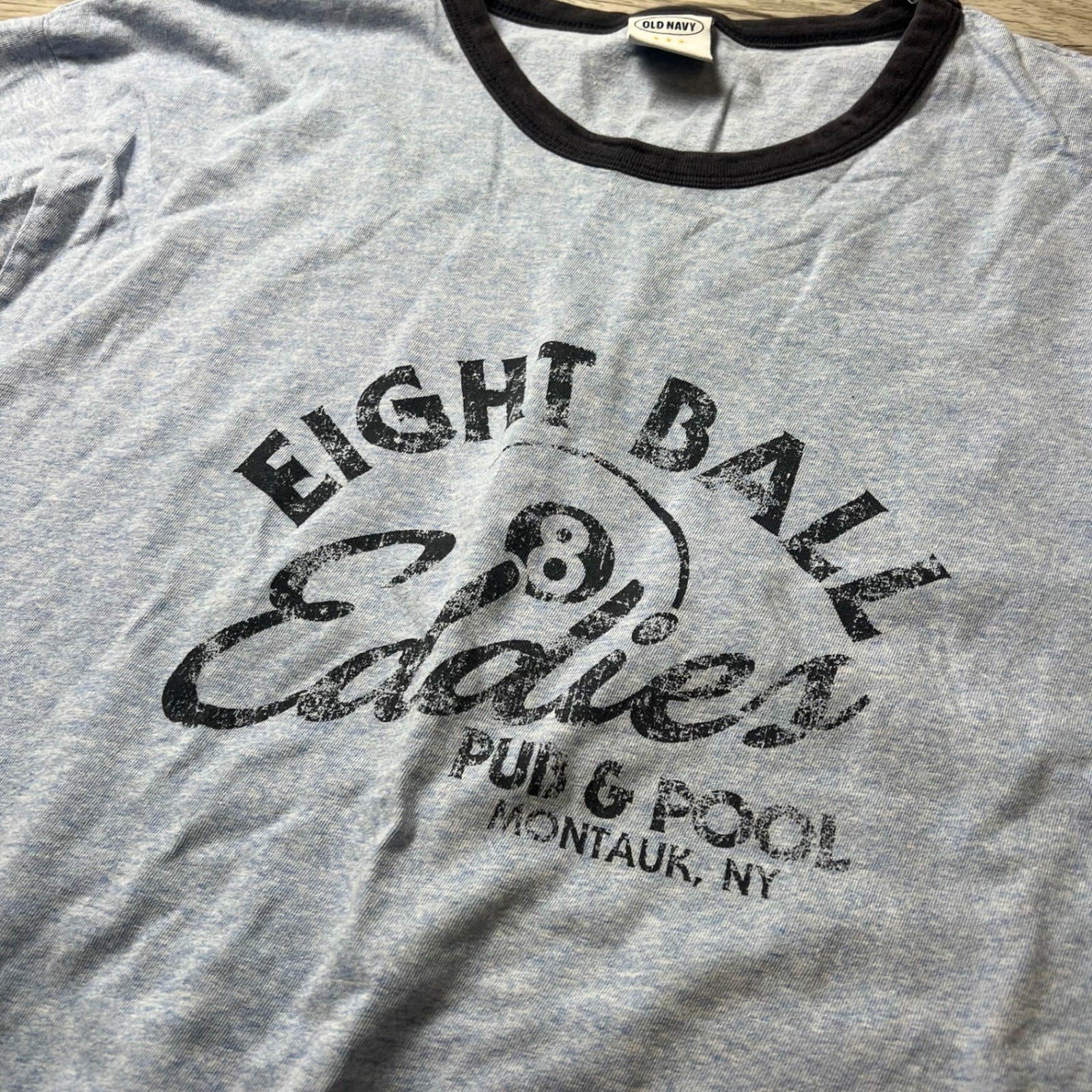 Old Navy Ringer Tee Mens XL Blue Eight Ball Eddies Montauk Graphic T-Shirt AD44