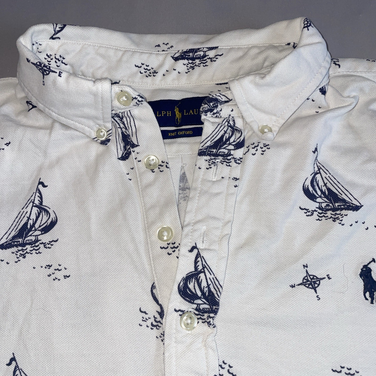Ralph Lauren Polo Shirt Mens Large White Knit Oxford Sailboats Graphic Side Slit
