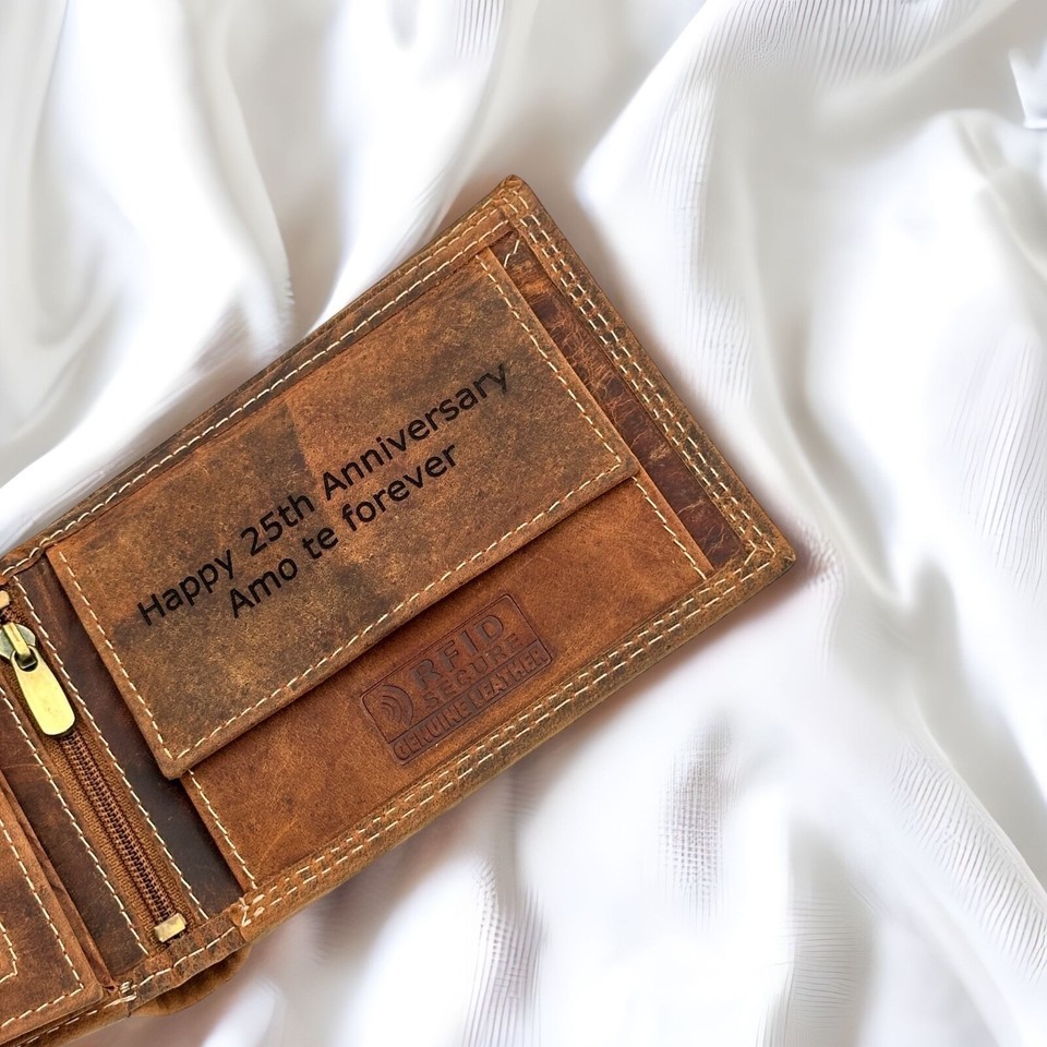 Personalised Custom Engraved RFID Blocking Mens Distressed Hunter leather Wallet