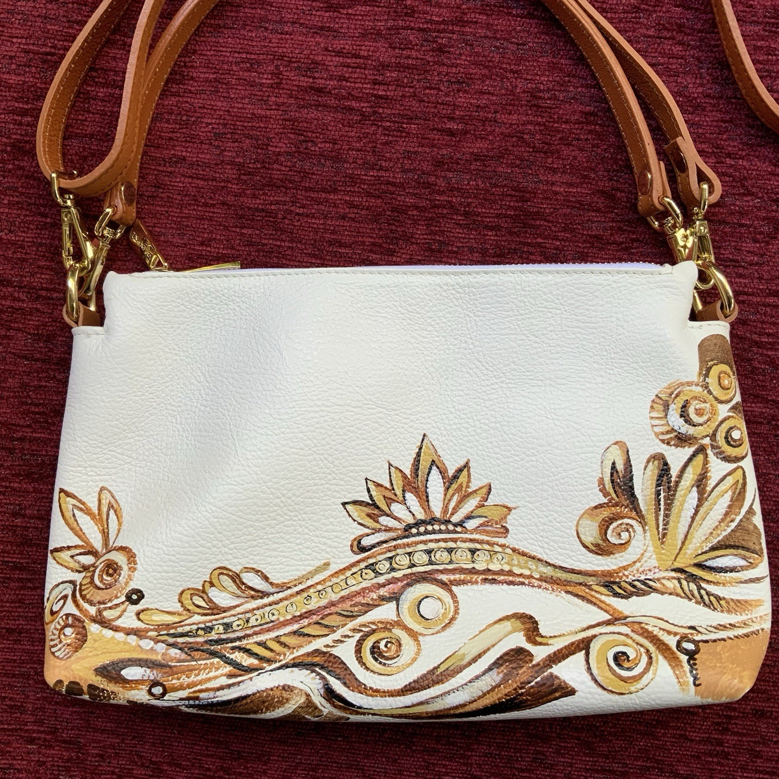 New Valentina Hand Painted Leather Crossbody Bag Floral Ivory Brown Italy