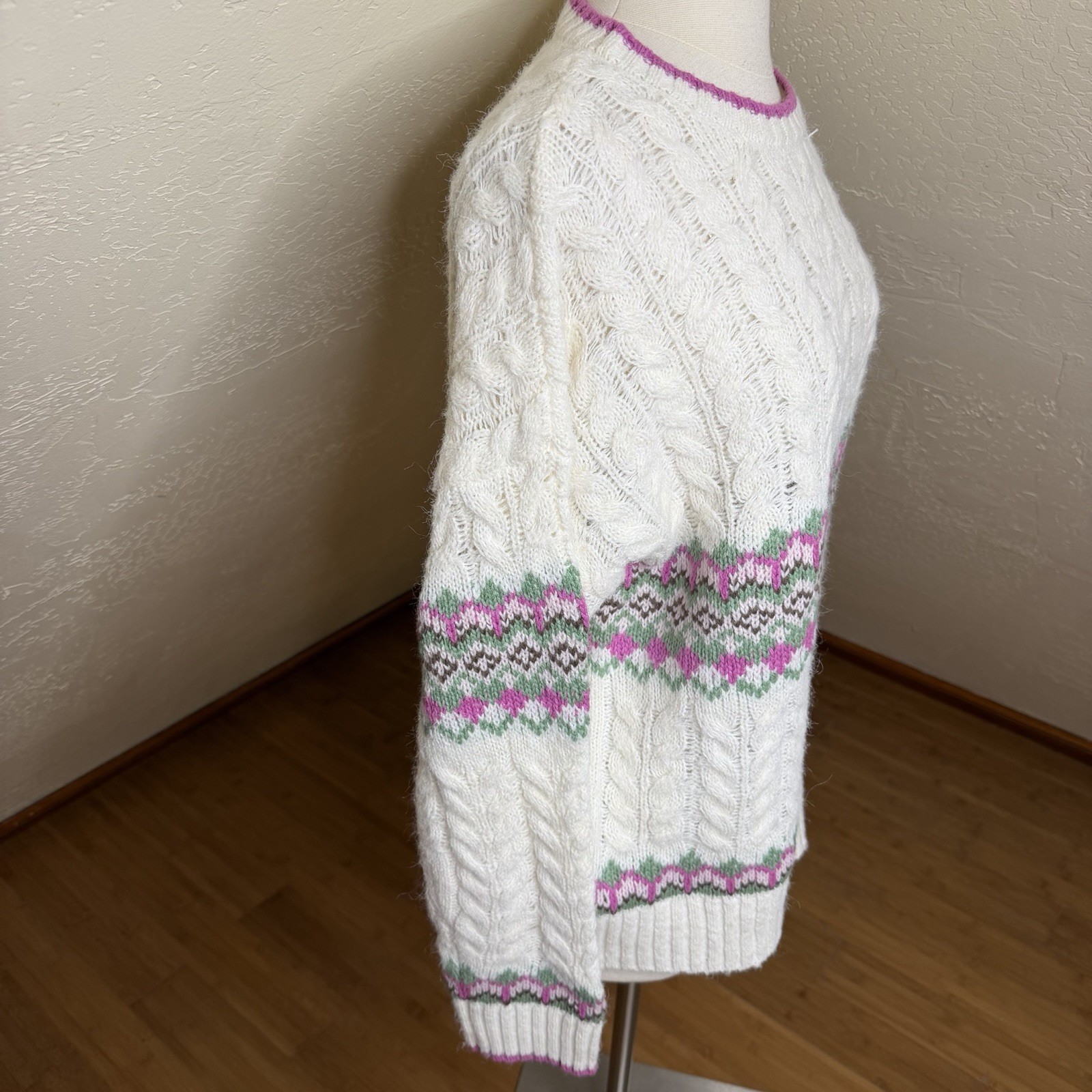 Sugar Moon Cable Knit Sweater L Ivory Pink Fair Isle Cozy Grandma Cottagecore