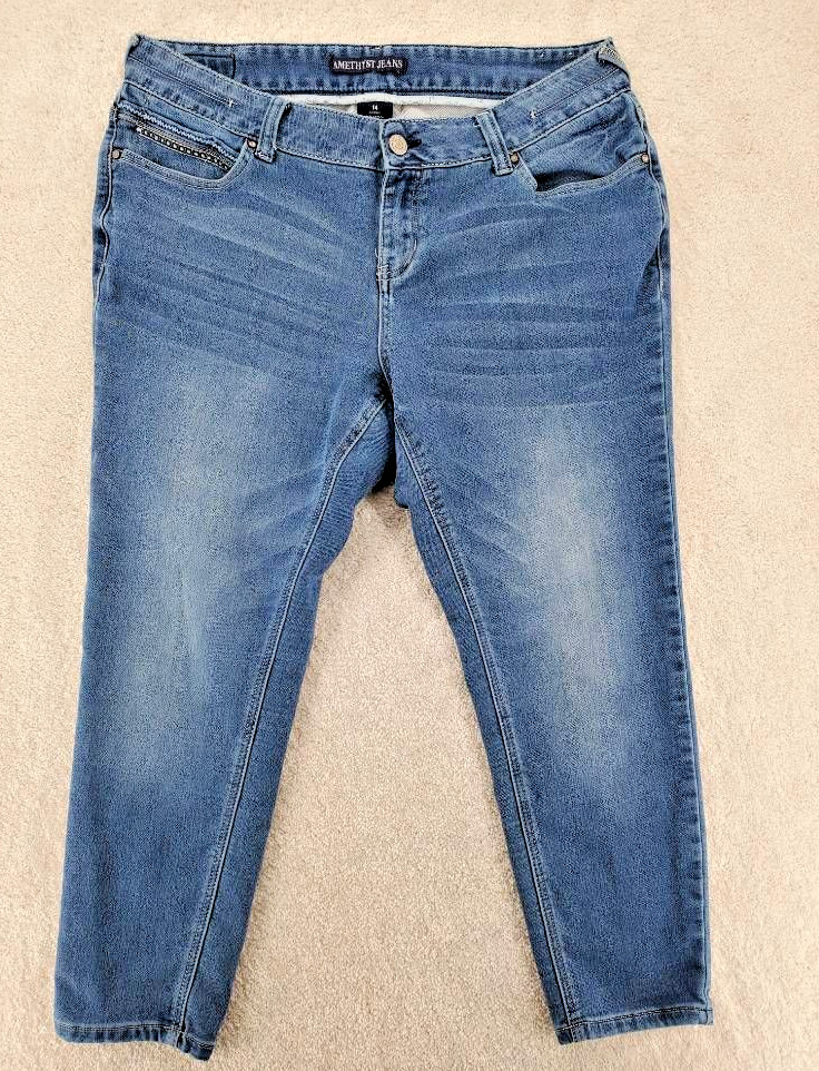 Amethyst Cropped Jeans Blue Whiskered Pockets Stretch Mid Rise Denim woman’s 14S