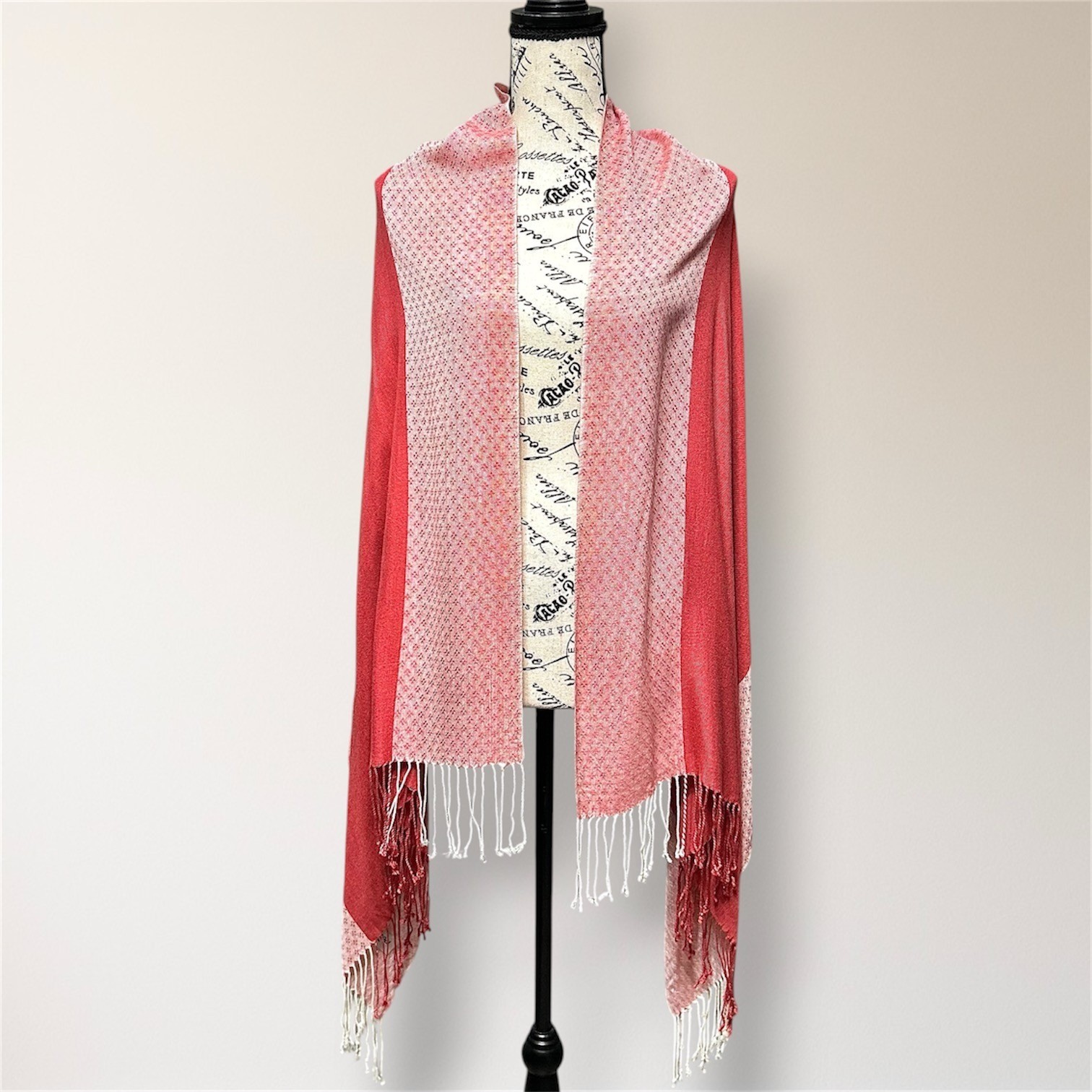Pashmina 100% Pashmina Jacquard Fringe Shawl Wrap Pink Coral Reversible Travel