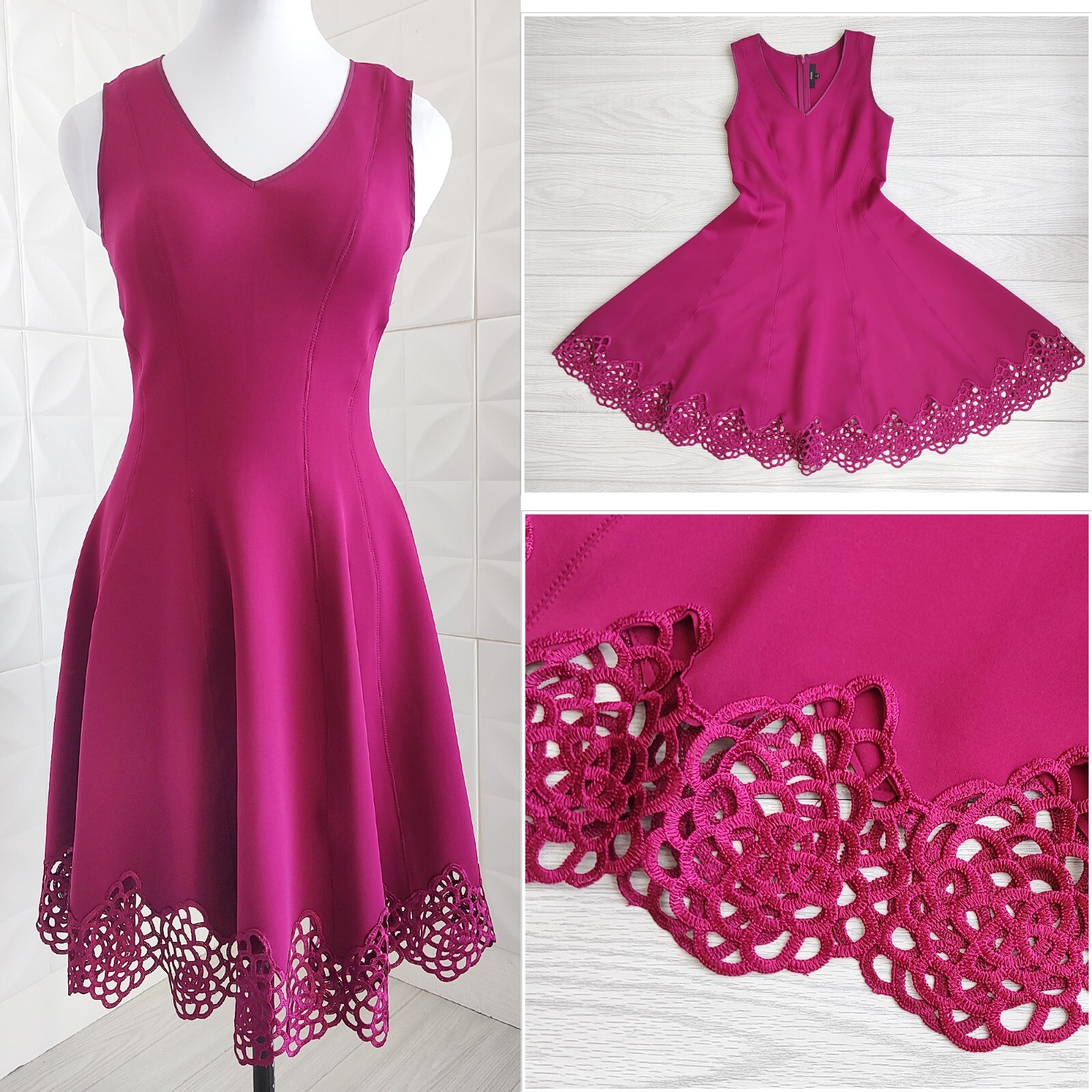 Maia Raspberry Pink Neoprene Dress Midi Lace Hem Sleeveless V-Neck Party M 6