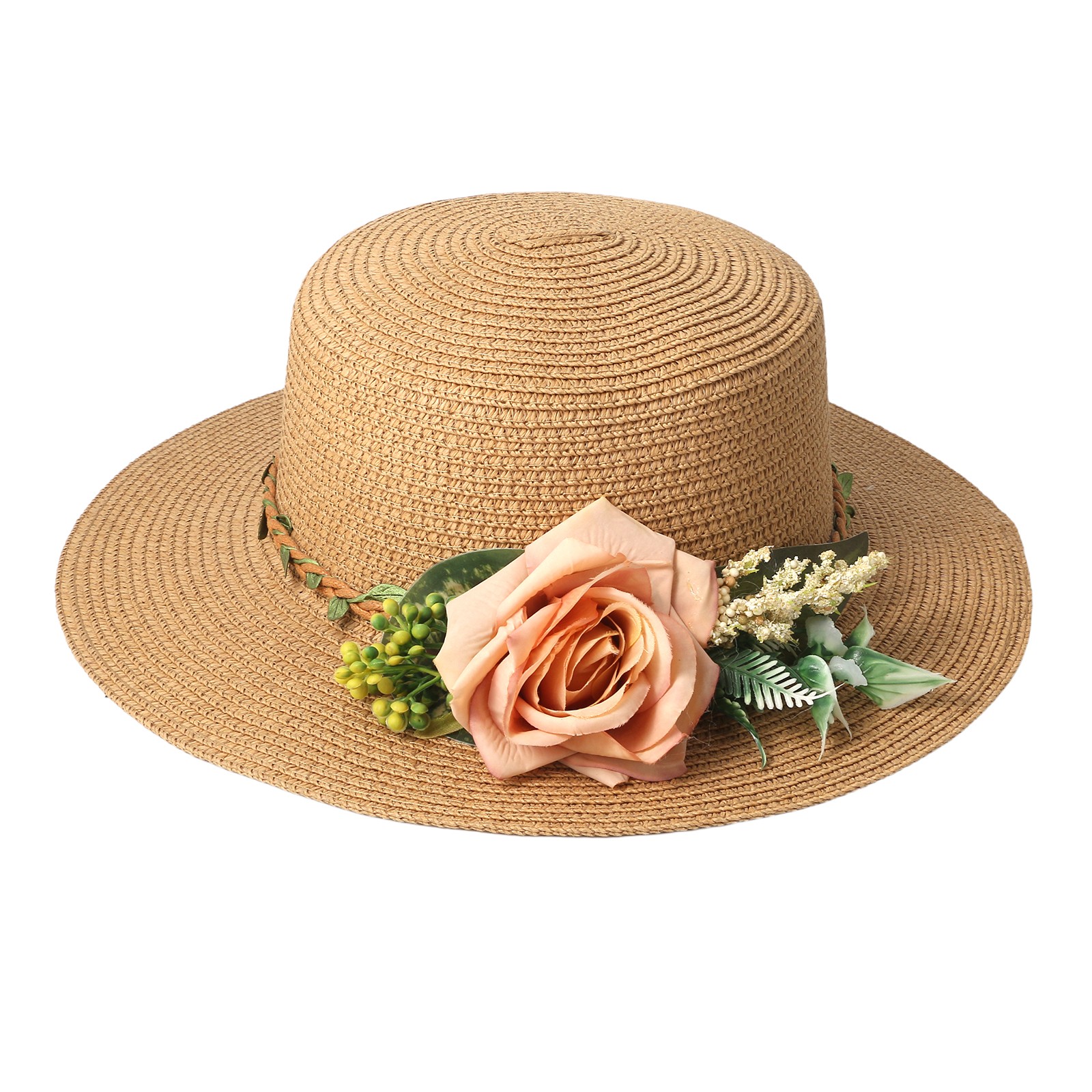 Women’s 3D Floral Decor Straw Wide Brim Flower Sun Hat Summer Outdoor Beach Hat