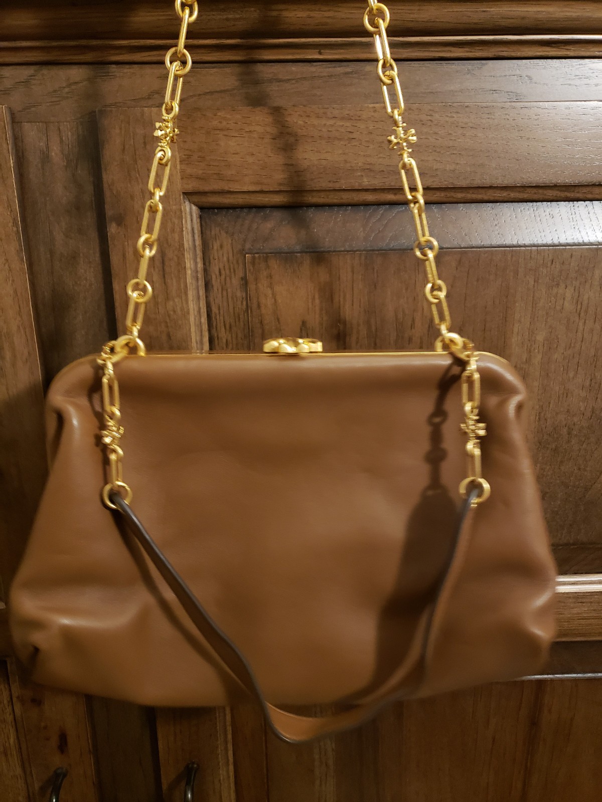 Tory Burch Cleo Bag, Tan w/Lt. Blue Leather Lining, Gold Hardware