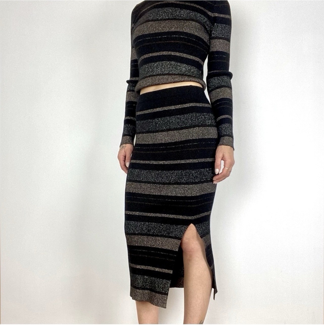 House of Harlow 1960 Metallic Shimmer Striped Knit Set – L Top / M Skirt NWT