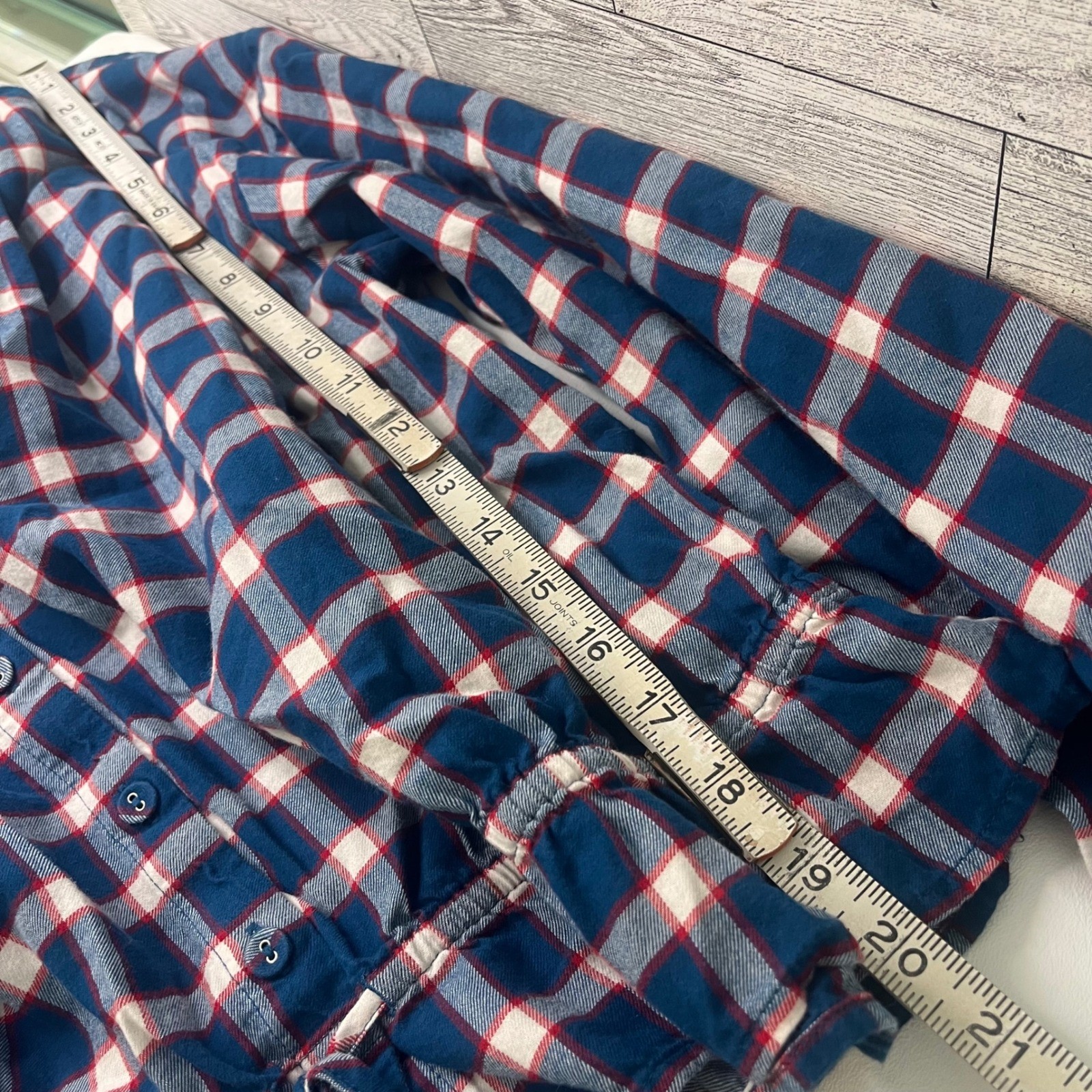 LOFT Blouse Womens XL Blue Red Plaid Peplum Drawstring Waist V-Neck Top