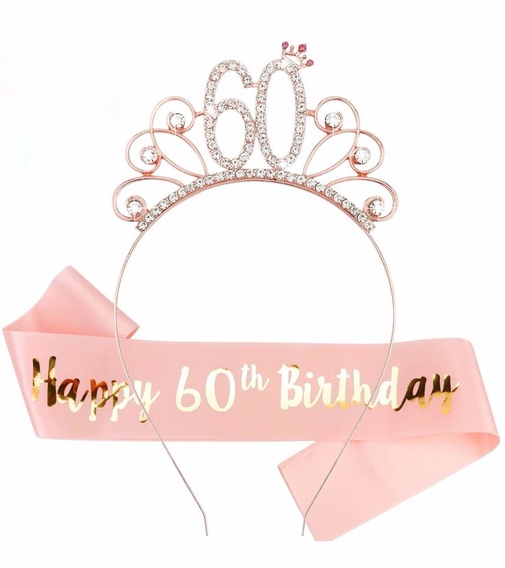 Rose Gold 60th Headband & Happy 60th Birthday Sash. In Package