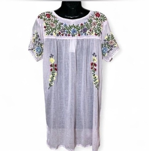NWT Raj Powder Pink Hand-Embroidered Tunic Mini Dress Floral
