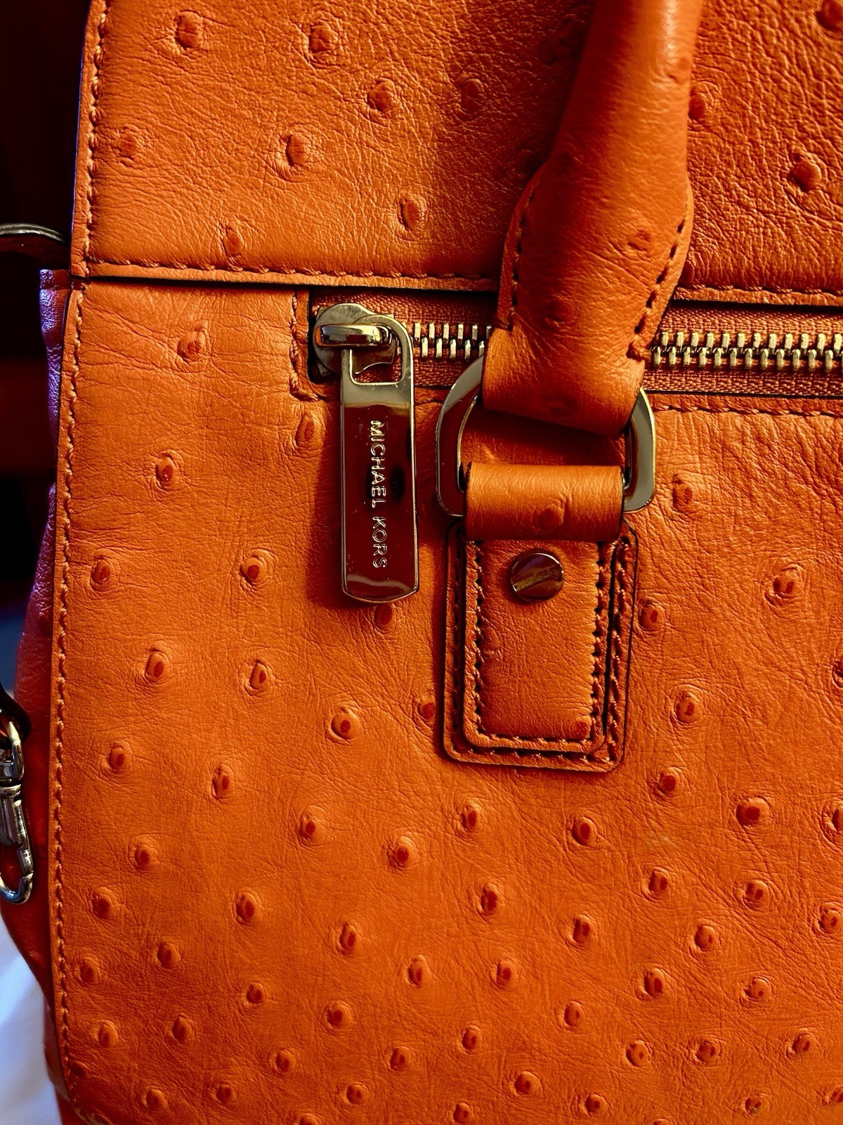 Michael Kors Orange Ostrich Satchel Top Handle Double Handles Gold Push Lock