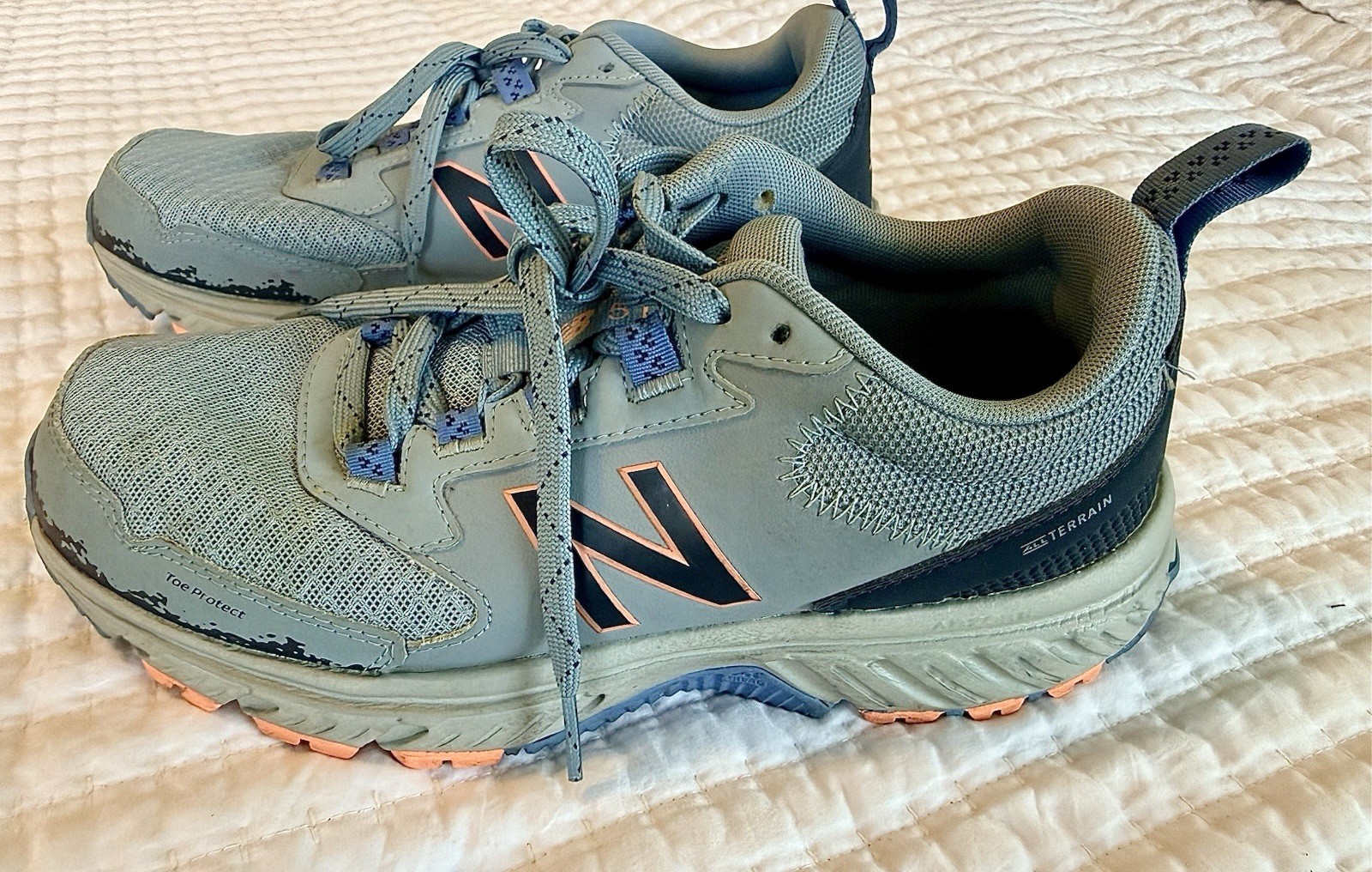 New Balance Trail Running Shoes Gray Blue Peach Comfort Breathable Toe Protect