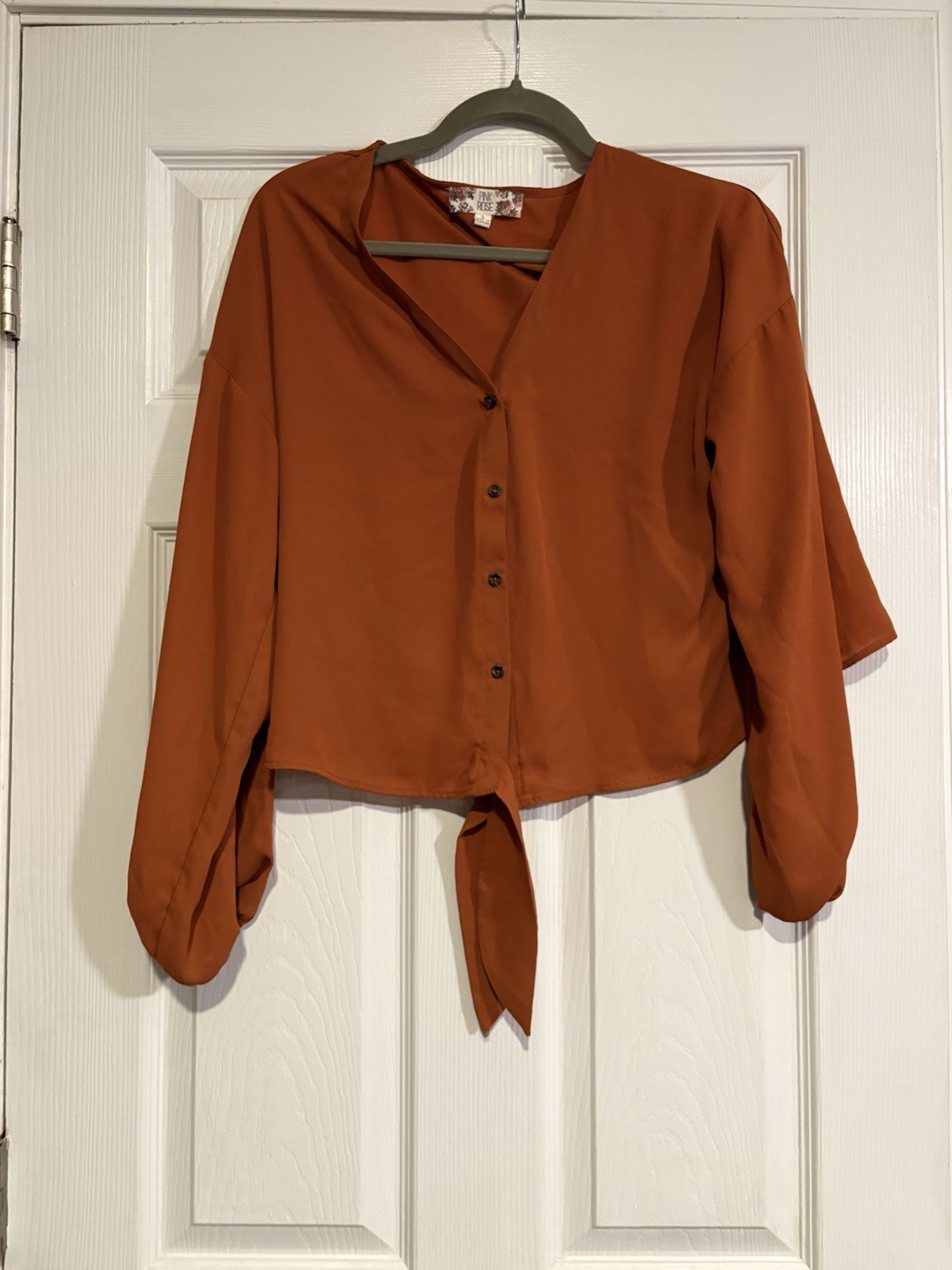 Pink Rose Women’s Brown Solid V-Neck Long Sleeve Button Tie Crop Blouse M