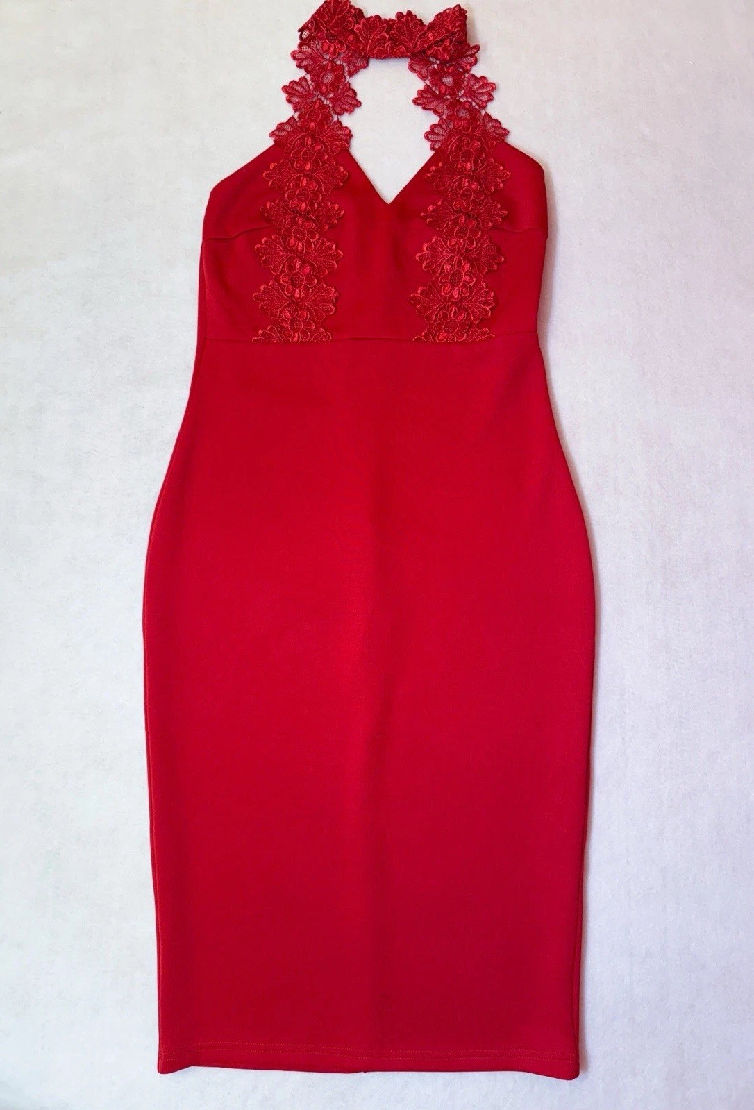 New Sz Small ❤️ Na-KD Women’s Red Open Back Choker Neck Bodycon Pencil Dress