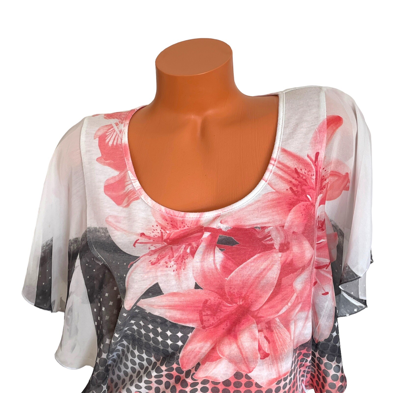 Espresso Sz L Flutter Sleeves Summer Floral Print Pink Gray White Top