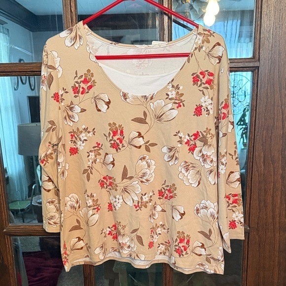 White Stag Womens XXL 20 Floral Long Sleeve Top Tan Beige Cotton Scoop Neck