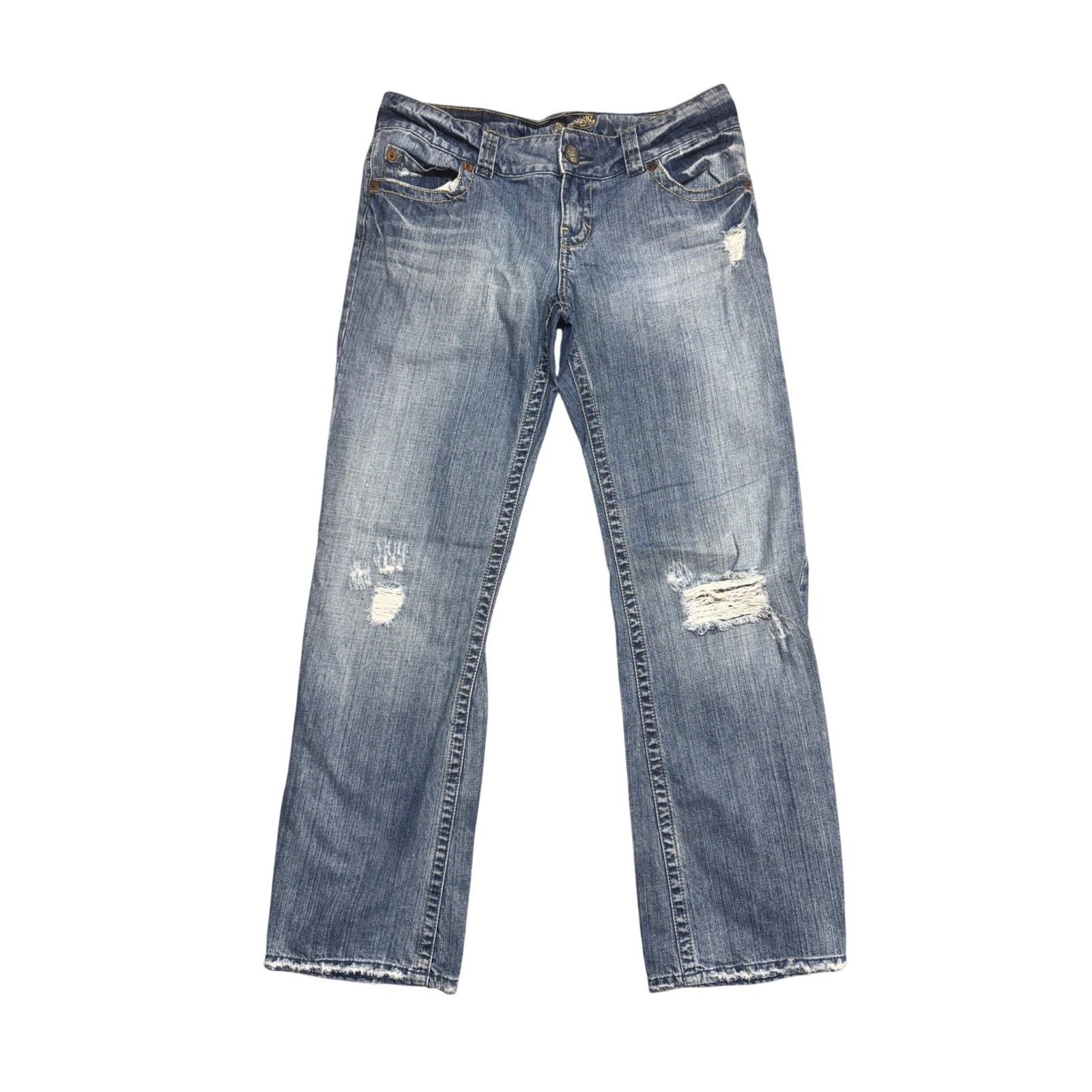 American Eagle Boyfriend Jeans Womens 10 Reg Blue Distressed Low Rise Y2K Denim