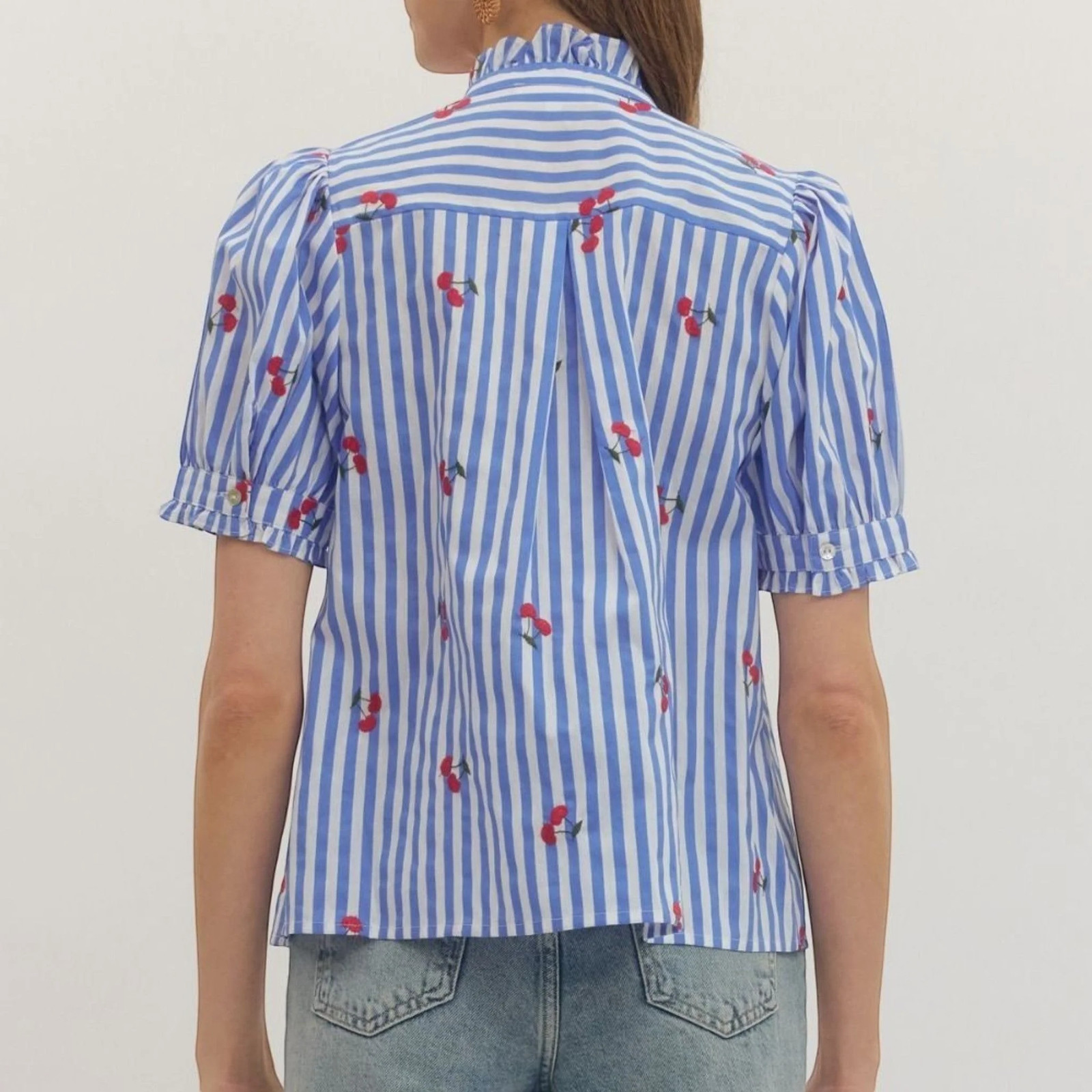 Entro Blue Striped Ruffle Bib Front Embroidered Cherries Puff Short Sleeve Top