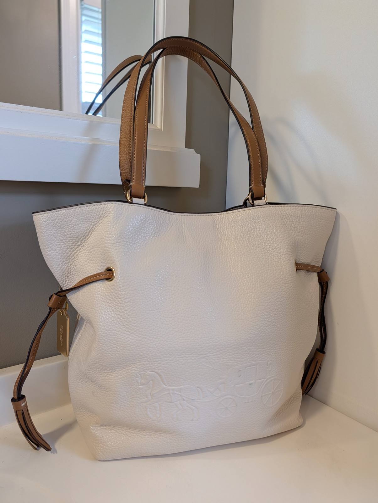 Coach Andy Tote CA165 Horse and Carriage Chalk Pebble Leather Shoulder Tote