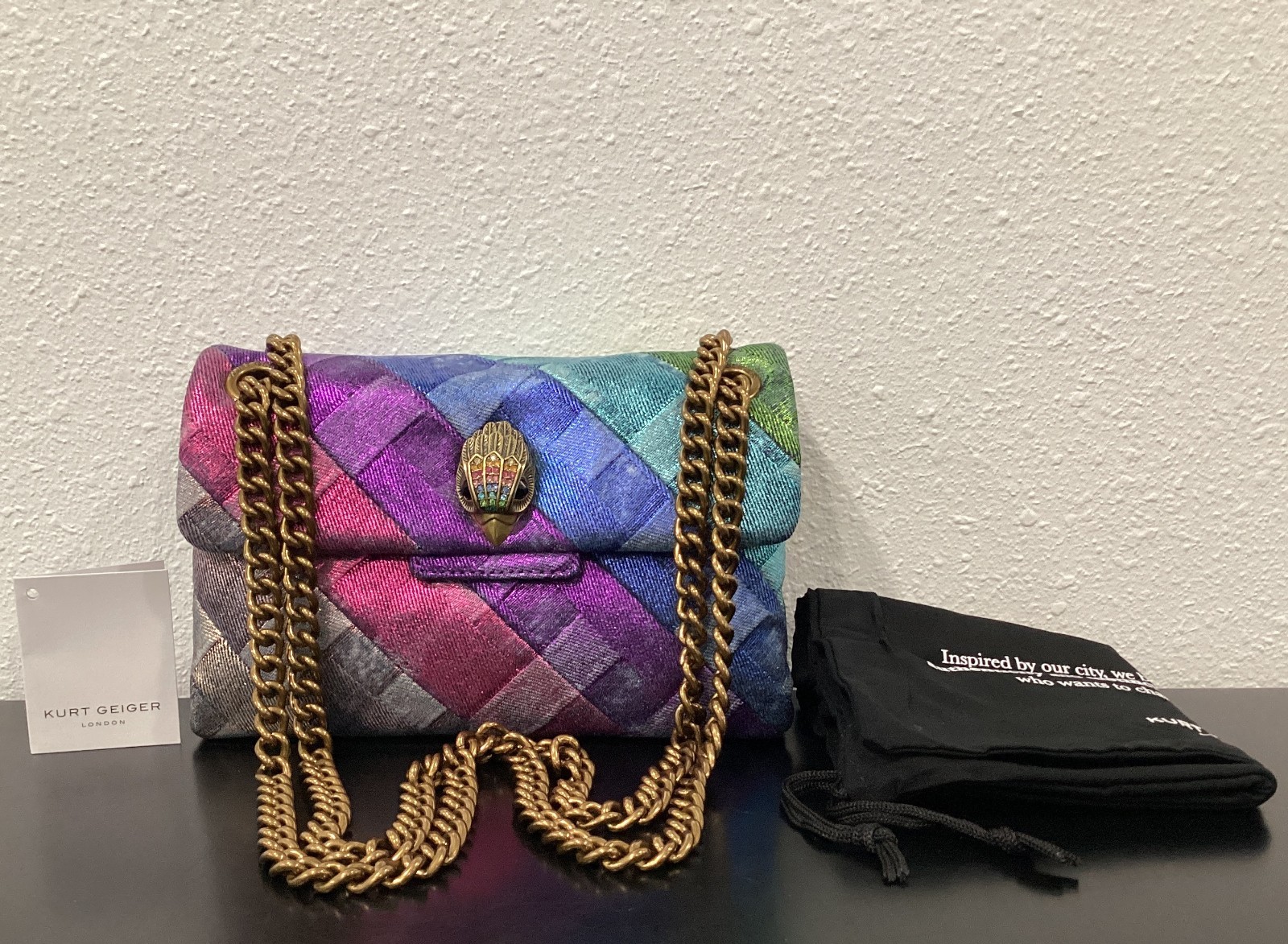 Kurt Geiger Mini Kensington 8″x5″x2.75″ Distressed Metallic Rainbow Denim Soft