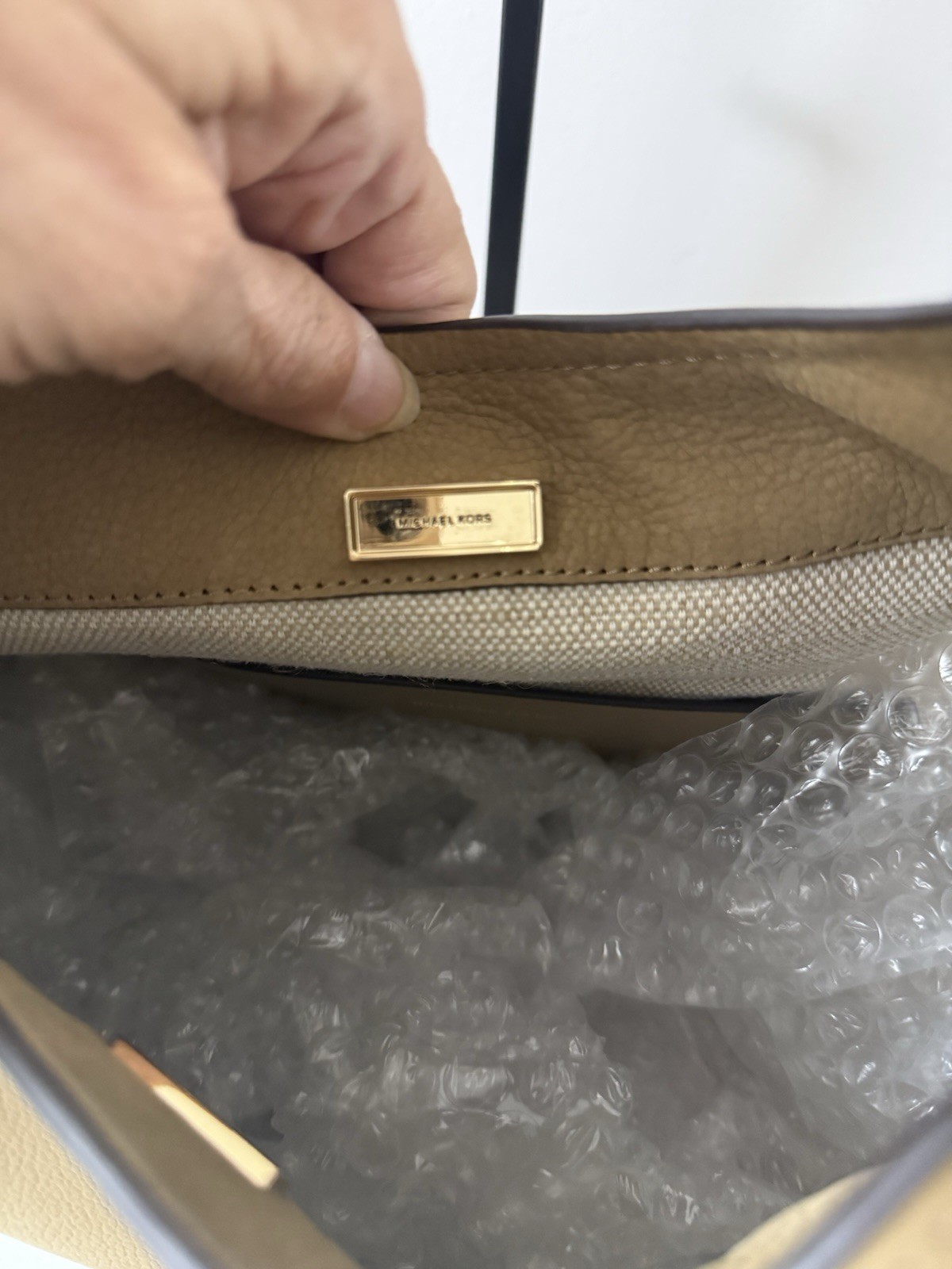 Michael Kors Tan Suede Shoulder Bag, Gold Hardware, Buckle, Detachable Strap