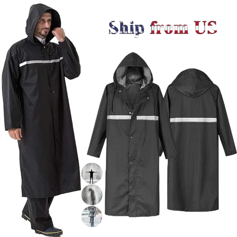 Men Black Waterproof Long Raincoat Hooded Trench Jacket Outdoor Hiking Rain Coat