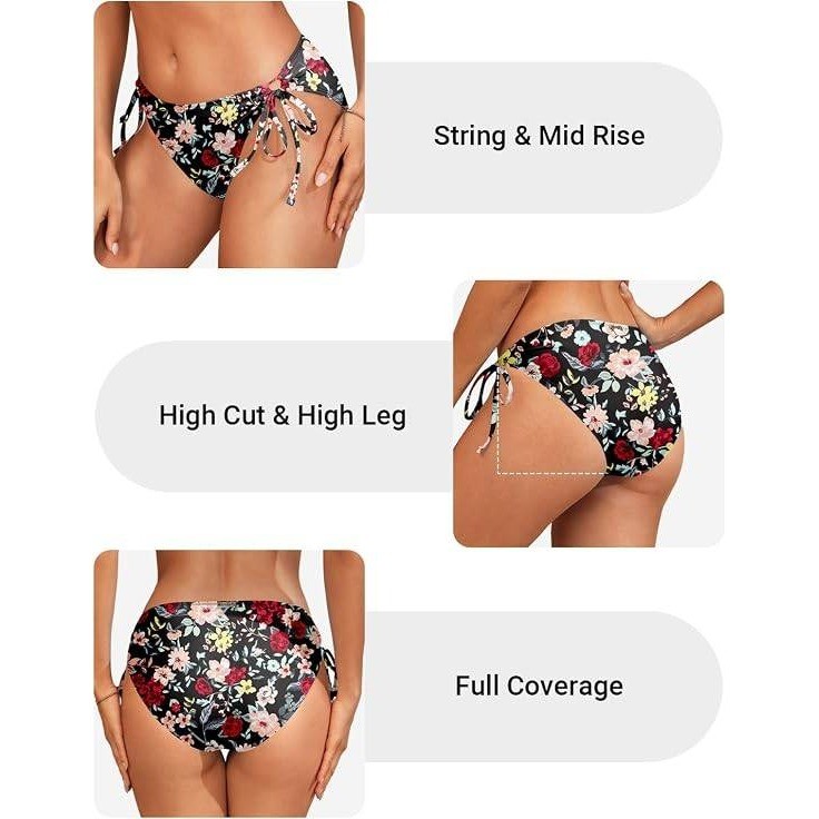 ZMART Womens Floral Side Tie Bikini Bottom Black Multi Color Mid Rise Size Large