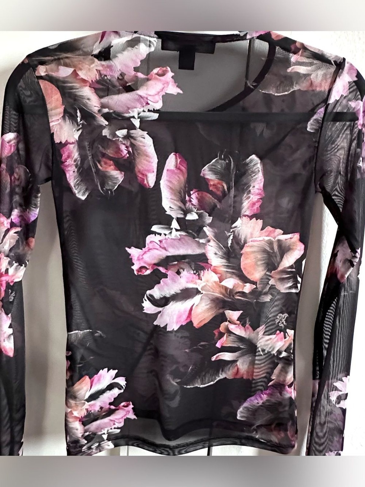AllSaints Floral Mesh Ruched Top NWT XS Sheer Long Sleeve
