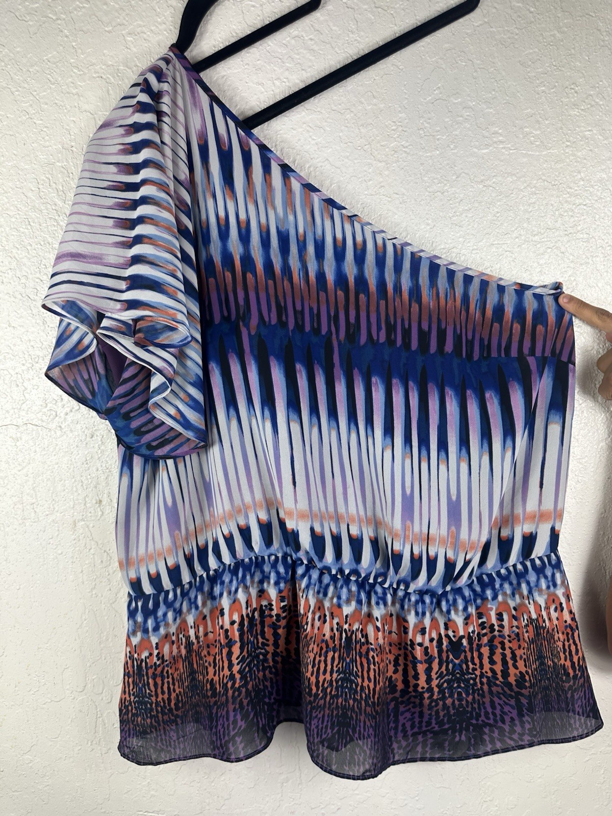 a.n.a women’s 1X plus one-shoulder chiffon sheer abstract ruffle blouse top
